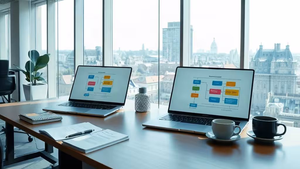 Espace de travail d’une agence Make France avec tableaux de flux d’automatisation.