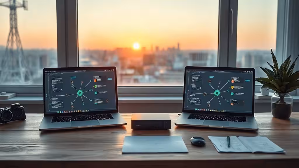 Comparatif Make vs n8n illustré par deux environnements d’automatisation connectés.